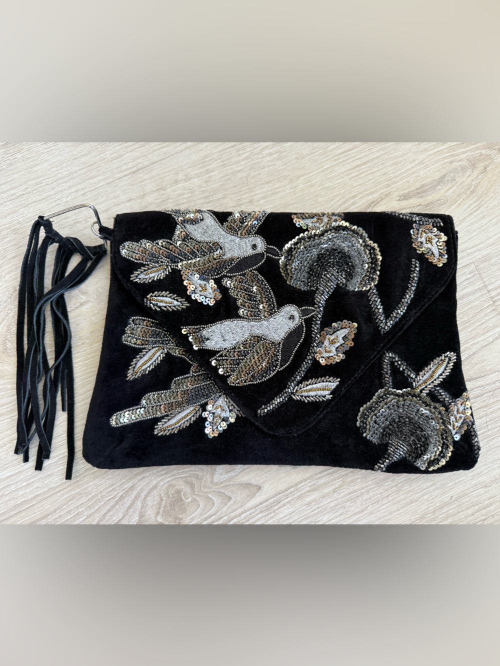 Sam Edelman Elegant Black Velvet Sequin Bird Clutch
